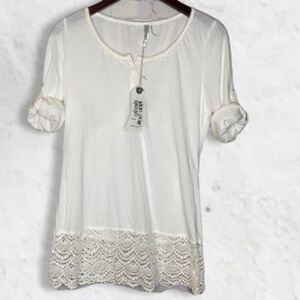 Anthropologie MUR MUR Cotton Lace Roll Sleeve Tee Top White‎ L